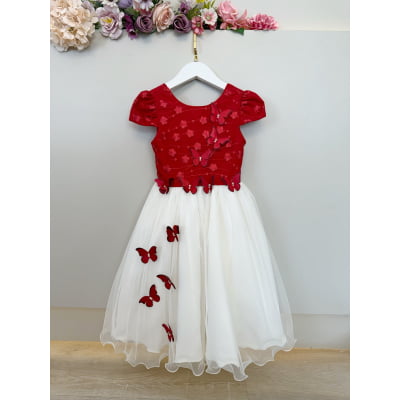 Vestido Infantil Vermelho Bordado Borboletas Dama Festa Luxo