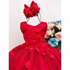 Vestido Infantil Vermelho C/ Aplique de Flores e Renda Damas