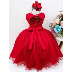 Vestido Infantil Vermelho C/ Aplique de Flores e Renda Damas