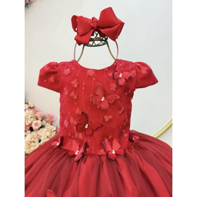 Vestido Infantil Vermelho C/ Apliques Borboletas Festas Luxo