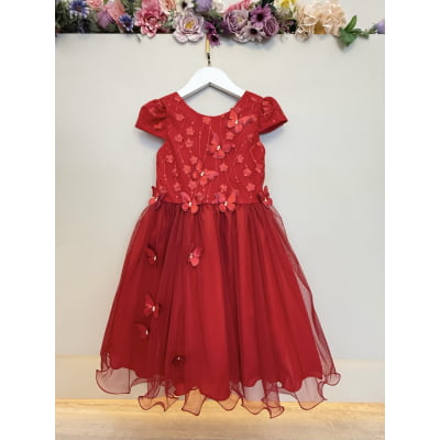 Vestido Infantil Vermelho C/ Apliques Borboletas Festas Luxo
