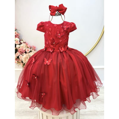 Vestido Infantil Vermelho C/ Apliques Borboletas Festas Luxo