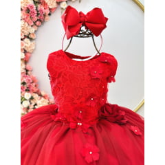 Vestido Infantil Vermelho C/ Renda e Aplique de Flores Damas