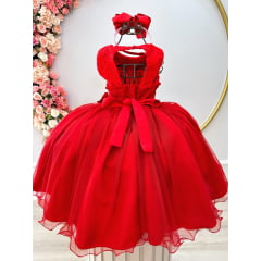 Vestido Infantil Vermelho C/ Renda e Aplique de Flores Damas