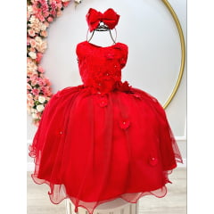 Vestido Infantil Vermelho C/ Renda e Aplique de Flores Damas