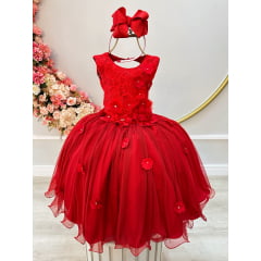 Vestido Infantil Vermelho C Renda e Aplique de Flores Damas