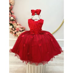 Vestido Infantil Vermelho C Renda e Aplique de Flores Damas