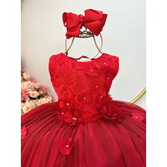 Vestido Infantil Vermelho C Renda e Aplique de Flores Damas