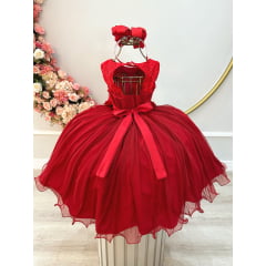 Vestido Infantil Vermelho C Renda e Aplique de Flores Damas