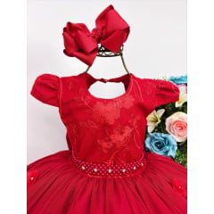 Vestido Infantil Vermelho C/ Renda Pérolas Strass