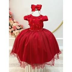 Vestido Infantil Vermelho Damas C/ Renda e Aplique Borboletas