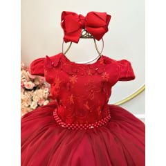 Vestido Infantil Vermelho Damas C/ Renda e Aplique Borboletas