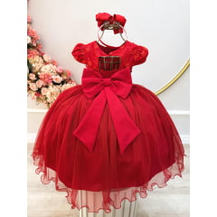 Vestido Infantil Vermelho Damas C/ Renda e Aplique Borboletas