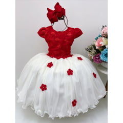 Vestido Infantil Vermelho e Off C/ Apliques Daminhas Festas