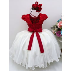 Vestido Infantil Vermelho e Off C/ Apliques Daminhas Festas