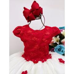 Vestido Infantil Vermelho e Off C/ Apliques Daminhas Festas