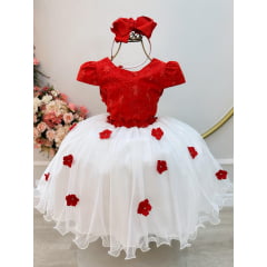 Vestido Infantil Vermelho e Off C/ Apliques Daminhas Festas