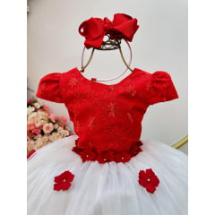 Vestido Infantil Vermelho e Off C/ Apliques Daminhas Festas