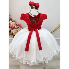 Vestido Infantil Vermelho e Off C/ Apliques Daminhas Festas