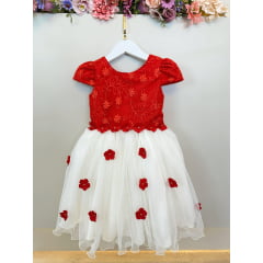 Vestido Infantil Vermelho e Off C/ Apliques Daminhas Festas