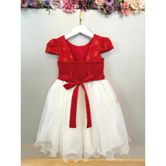 Vestido Infantil Vermelho e Off C/ Apliques Daminhas Festas