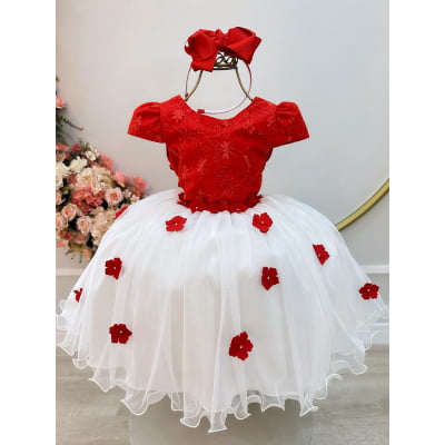Vestido Infantil Vermelho e Off C/ Apliques Daminhas Festas