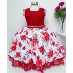 Vestido Infantil Vermelho Floral Renda de Luxo Cinto Strass