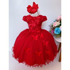 Vestido Infantil Vermelho Luxo Renda Aplique de Borboletas