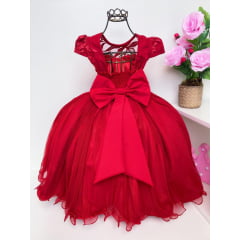 Vestido Infantil Vermelho Luxo Renda Cinto Pérolas e Strass