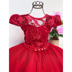 Vestido Infantil Vermelho Luxo Renda Cinto Pérolas e Strass