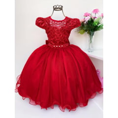 Vestido Infantil Vermelho Renda Cinto de Pérola
