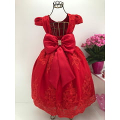Vestido Infantil Vermelho Renda de Luxo Cinto Pérolas Strass