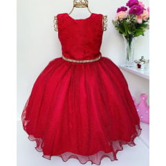 Vestido Infantil Vermelho Renda de Luxo Cinto Strass
