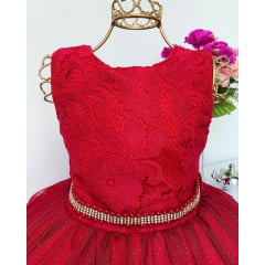 Vestido Infantil Vermelho Renda de Luxo Cinto Strass