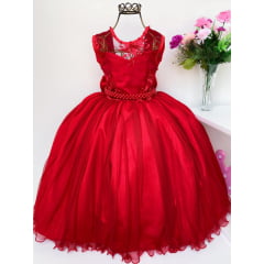 Vestido Infantil Vermelho Renda Luxo e Pérolas Damas