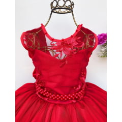 Vestido Infantil Vermelho Renda Luxo e Pérolas Damas