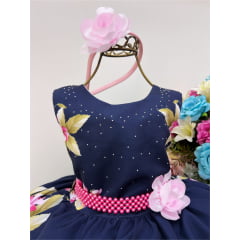 Vestido Infantil Azul Marinho Florido Cinto de Pérolas Tiara
