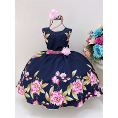 Vestido Infantil Azul Marinho Florido Cinto de Pérolas Tiara