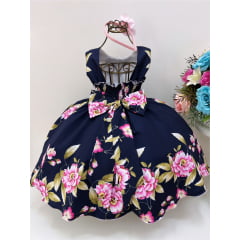 Vestido Infantil Azul Marinho Florido Cinto de Pérolas Tiara