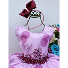 Vestido Infantil Marsala Florido Strass Peito Pérola e Tiara