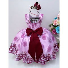 Vestido Infantil Marsala Florido Strass Peito Pérola e Tiara