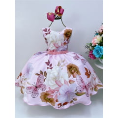 Vestido Infantil Rosa Florido Borboletas Cinto Pérolas Laço