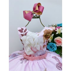 Vestido Infantil Rosa Florido Borboletas Cinto Pérolas Laço
