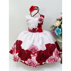 Vestido Infantil Rosa Florido C/ Cinto de Pérolas e Tiara