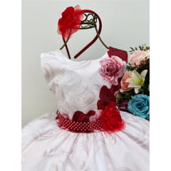 Vestido Infantil Rosa Florido C/ Cinto de Pérolas e Tiara