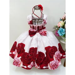 Vestido Infantil Rosa Florido C/ Cinto de Pérolas e Tiara
