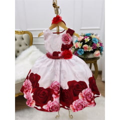 Vestido Infantil Rosa Florido C/ Cinto de Pérolas e Tiara