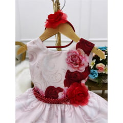 Vestido Infantil Rosa Florido C/ Cinto de Pérolas e Tiara