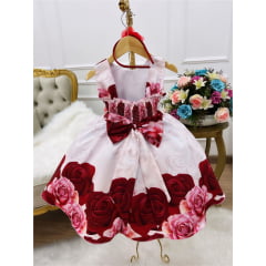 Vestido Infantil Rosa Florido C/ Cinto de Pérolas e Tiara
