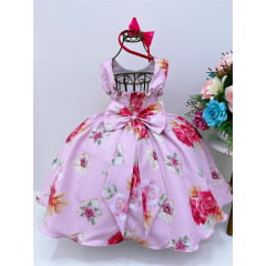 Vestido Infantil Rosa Florido C/ Cinto Pérolas Tiara Strass